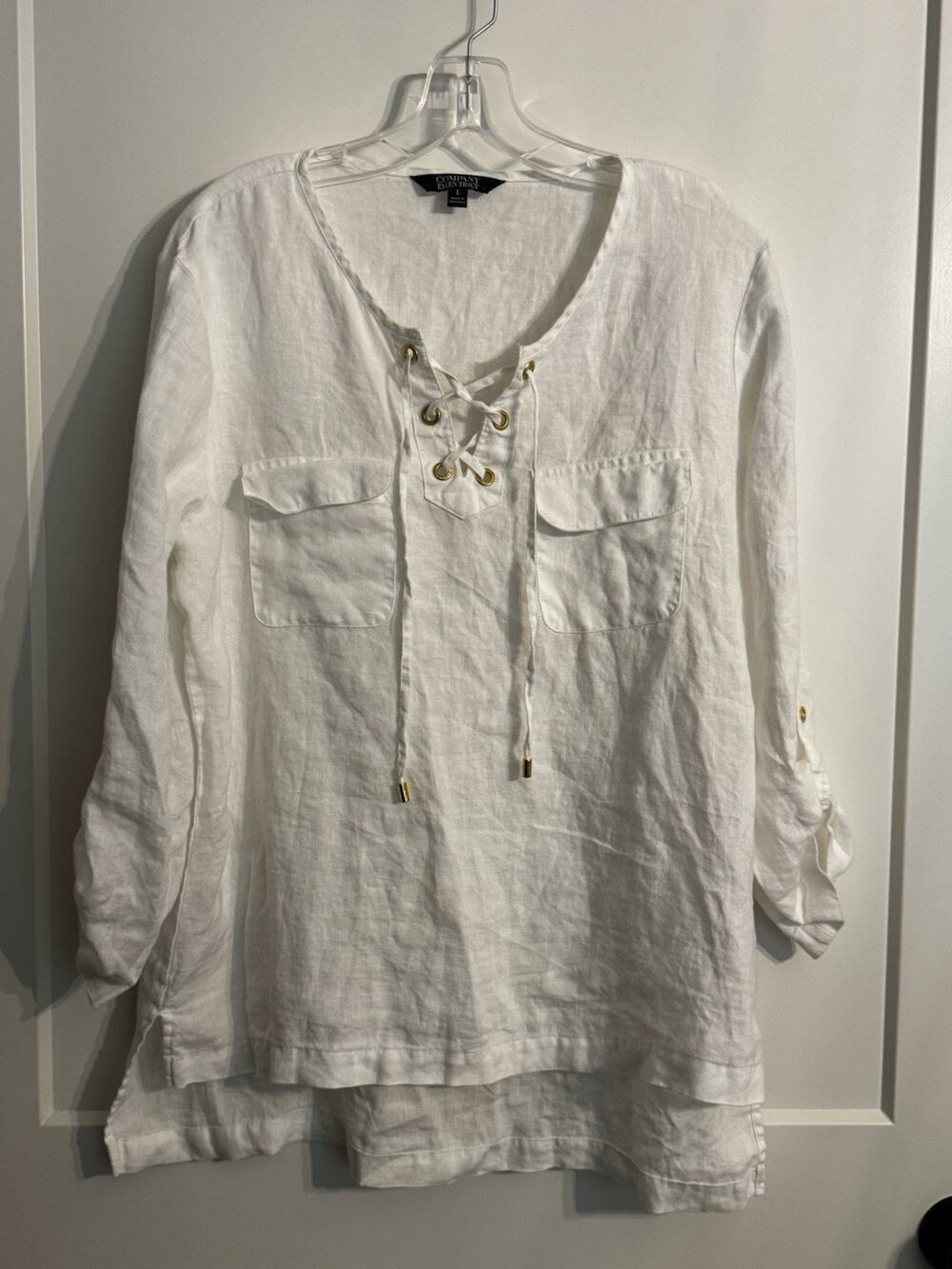 ELLEN TRACY 100% Linen Top Tunic Coverup Sz L White Resort Wear Cruise Beach